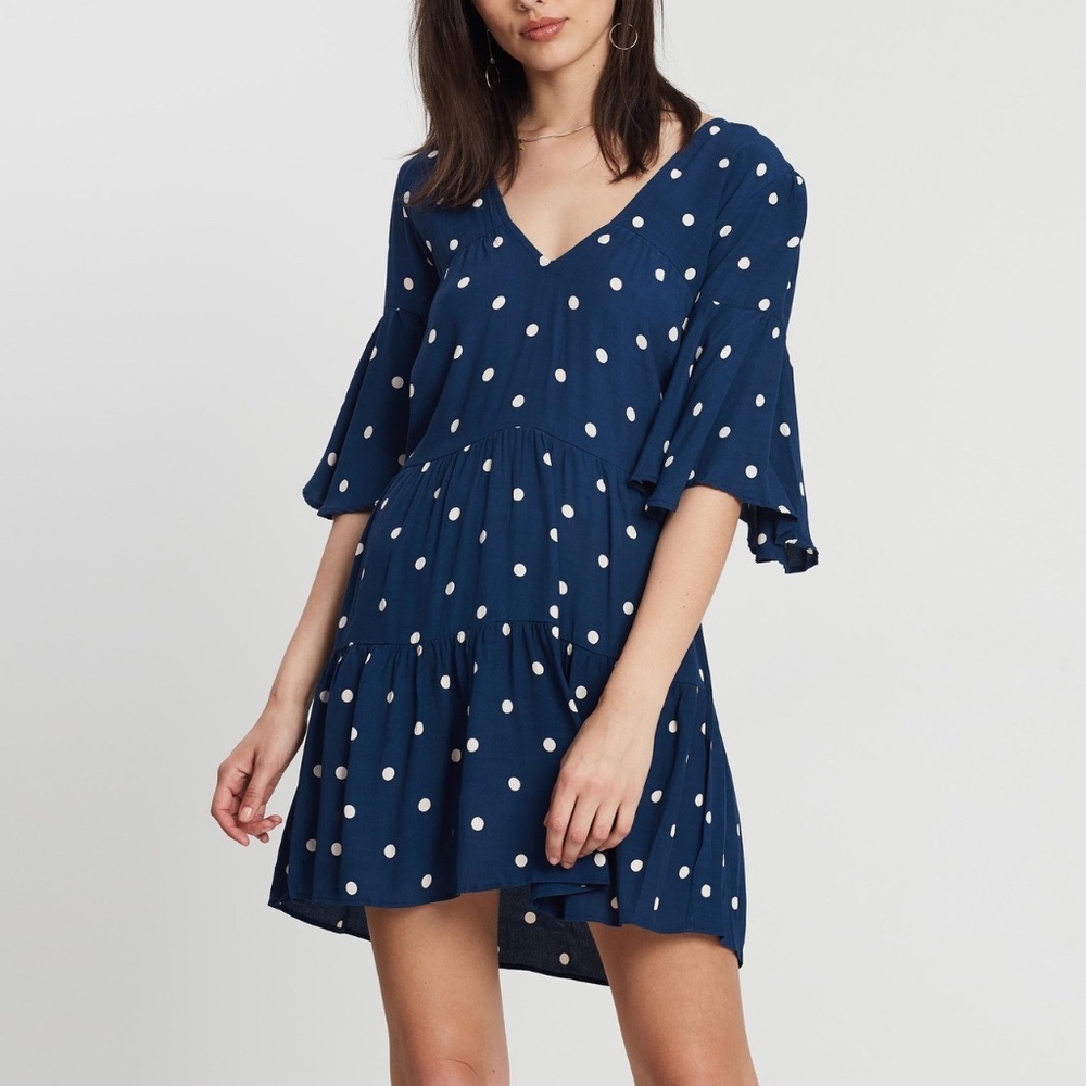 Faithfull the Brand Navy Blue Vintage Fresa White Polka Dot Dress Size 4